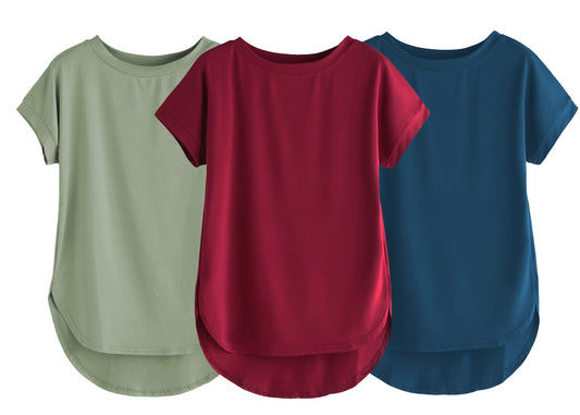 Fabricorn Combo Of Three Plain Maroon, Sage Green And Airforce Blue Round Neck Up And Down Cotton Tshirt For Women (Maroon, Sage
