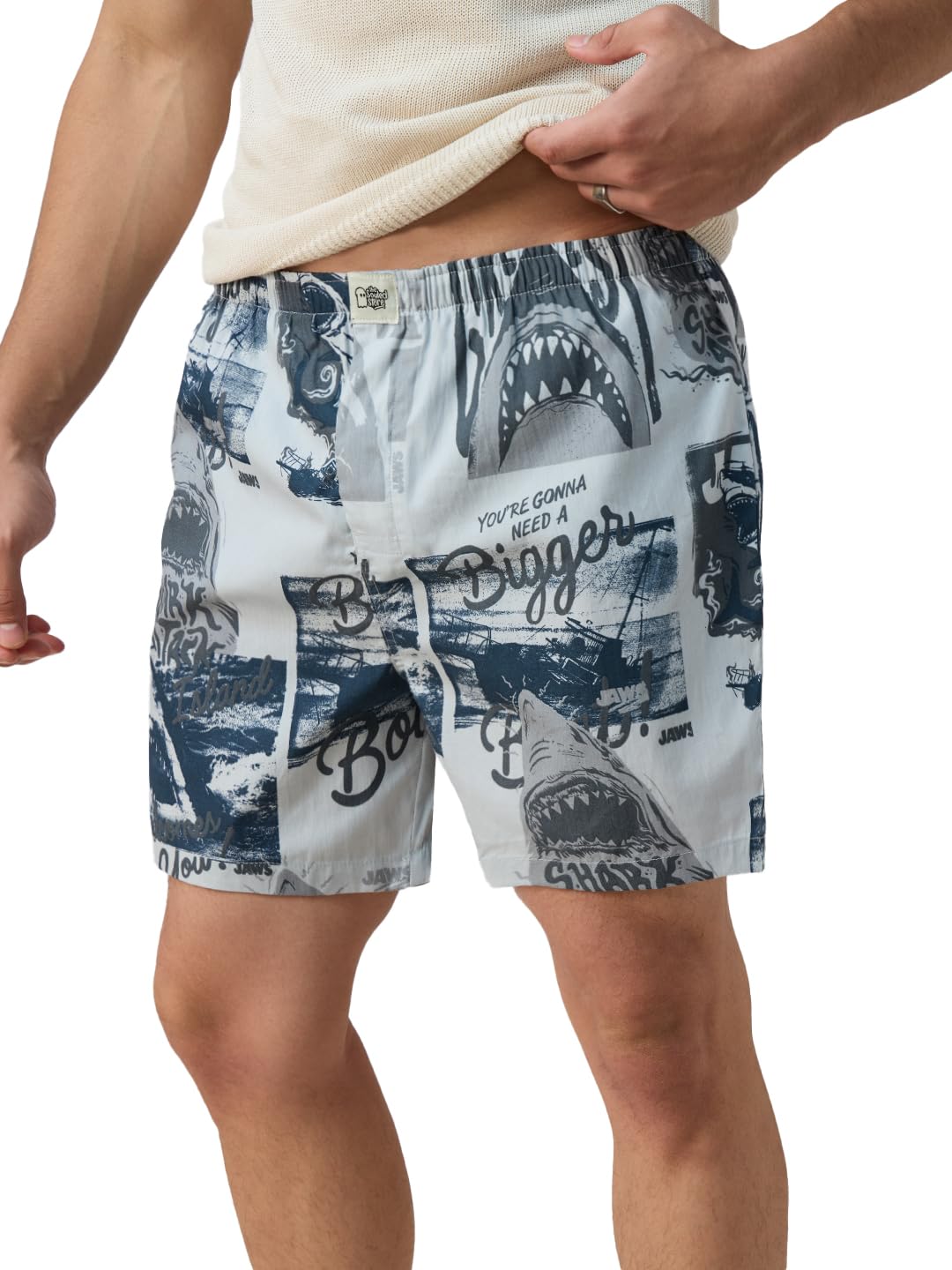 The Souled Store Jaws: Bigger Boat Men and Boys Pull On Blue All Over Printed Regular Fit Cotton Boxer Shorts