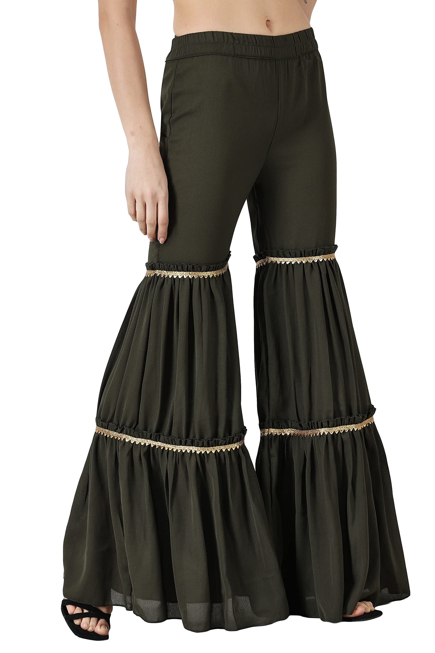 Popwings Casual Olive Georgette Gharara Pant For Women