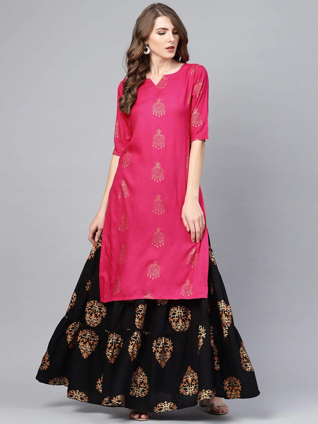 GoSriKi Women Rayon Printed Straight Kurta with Skirt(VERTIKA Pink)