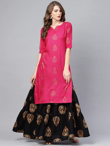 GoSriKi Women Rayon Printed Straight Kurta with Skirt(VERTIKA Pink)