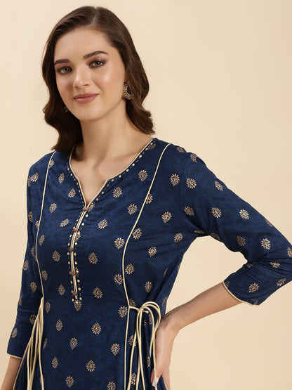 rangita Navy Blue Rayon Calf Length Printed A-line Kurti for Women | Kurta for Women