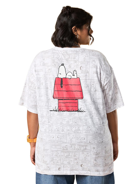 Bewakoof Air 1.0 Official Peanuts Merchandise WomenS All Over Printed Oversized Fit Half Sleeve Round Neck Cotton Plus Size Tshi