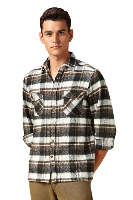 Dennis Lingo Men Flannel Check 100% Cotton Relaxed Fit Full Sleeves Shirts Brown
