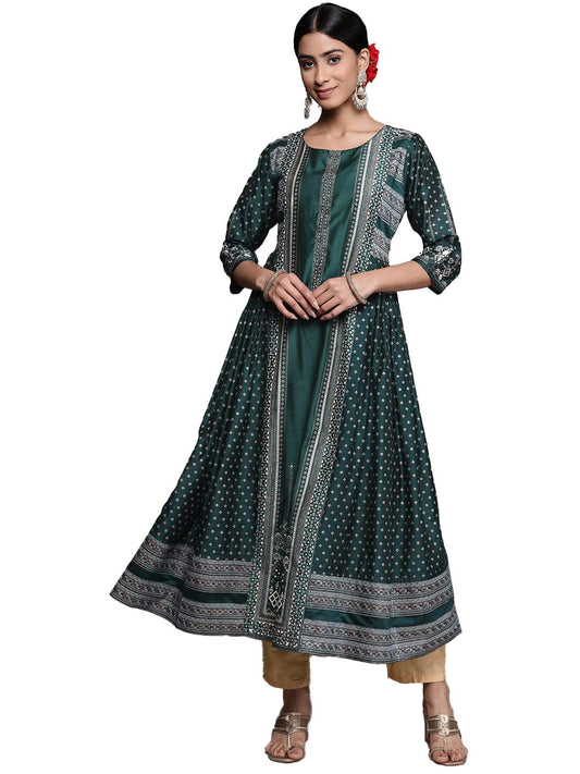 ishin Women's Silk Blend Teal Embellished Anarkali Kurta