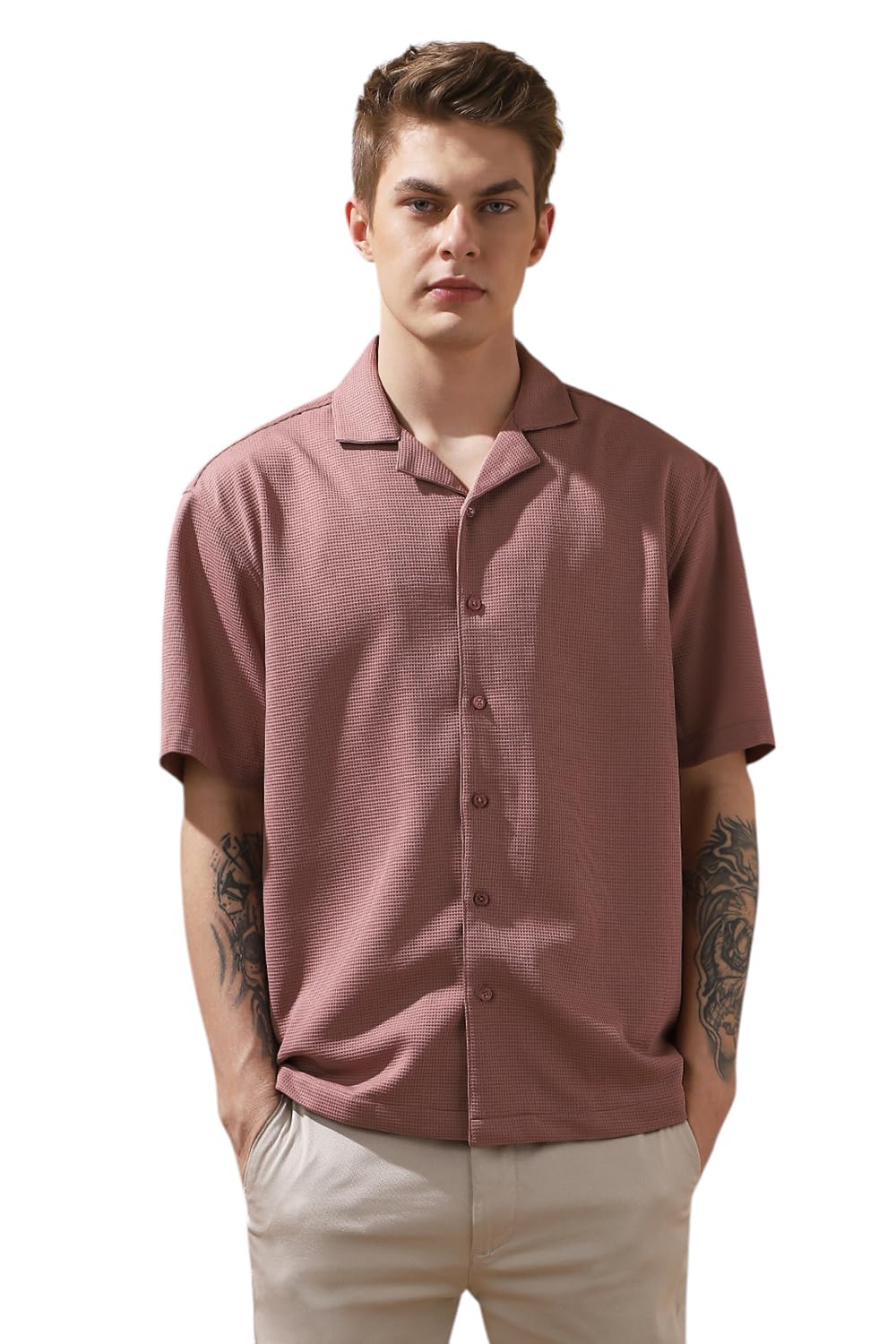 Dennis Lingo Men Relaxed Fit Pink Half Sleeves Polyester Casual Shirt