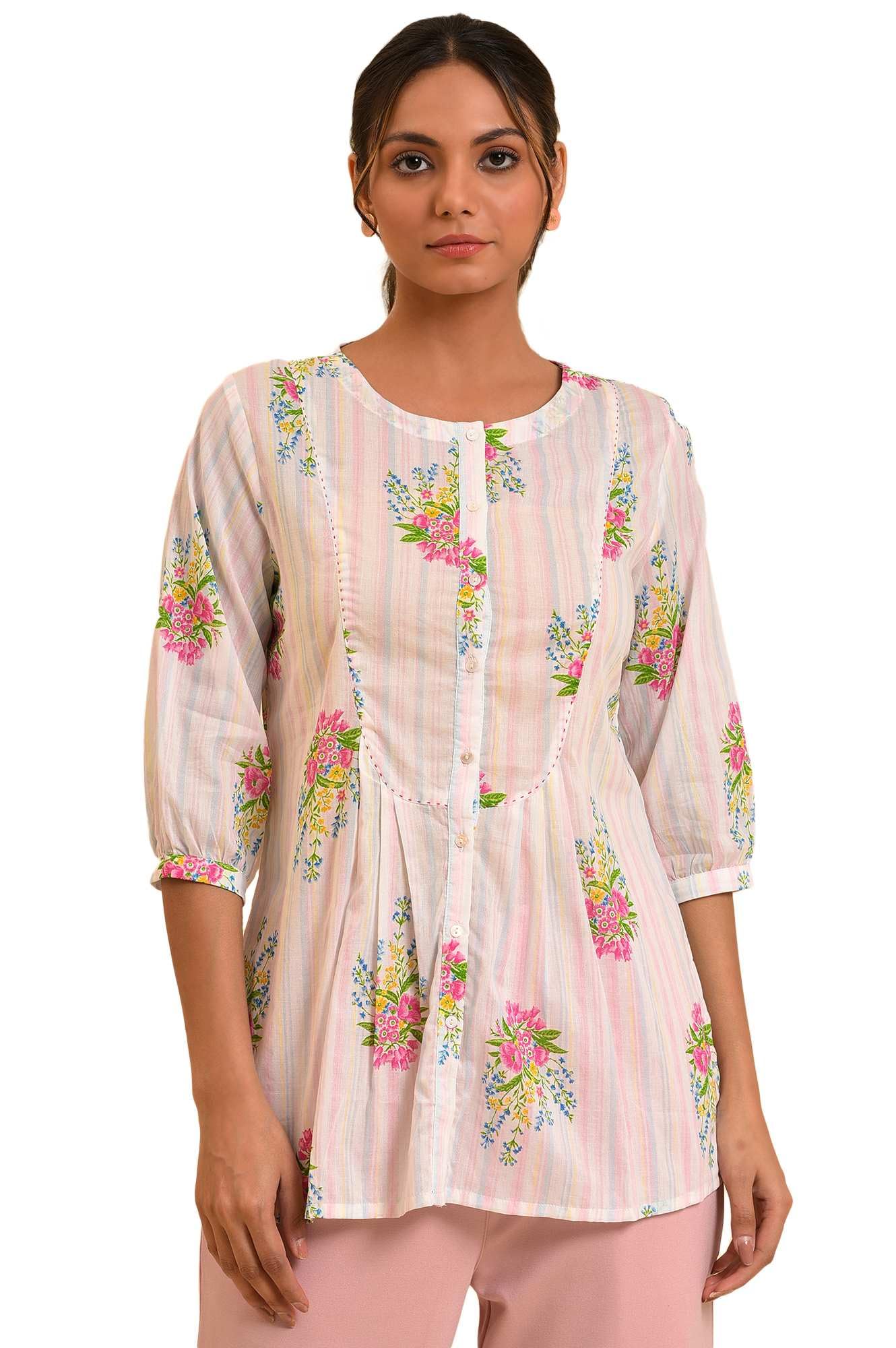 W Ecru Floral Printed Cotton Tunic Top For Women