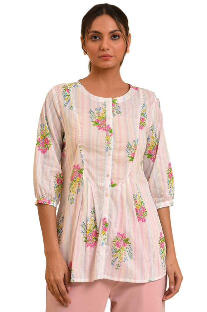 W Ecru Floral Printed Cotton Tunic Top For Women