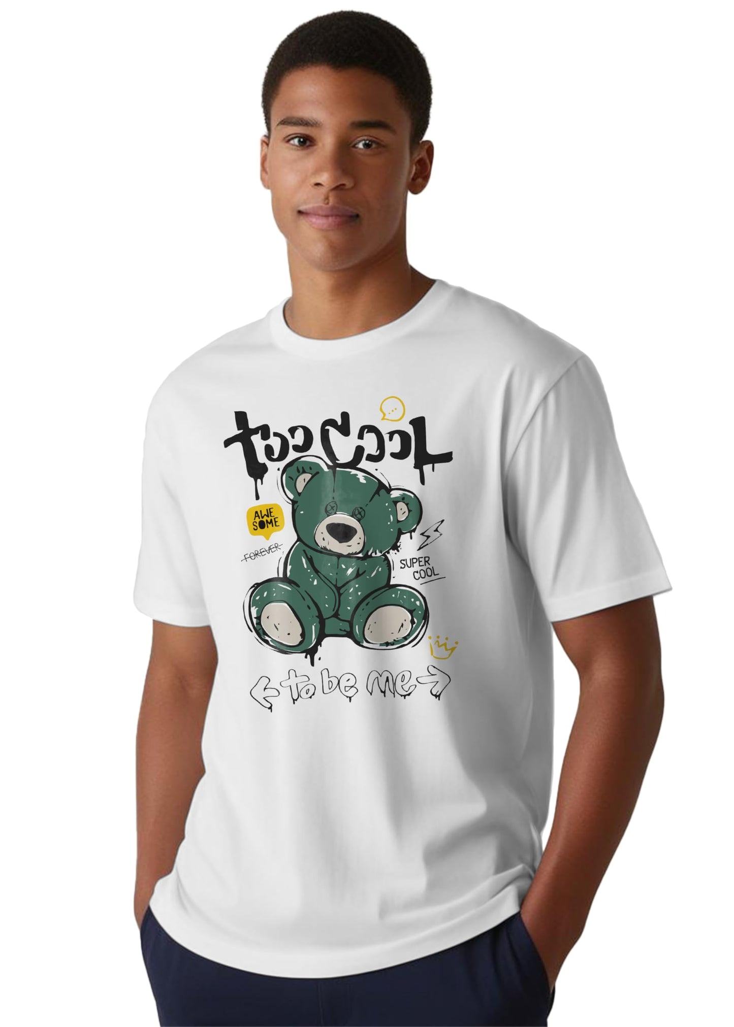 Peppyzone Mens Regular Fit T-Shirt (PZ-RT-Teddy1620_White2