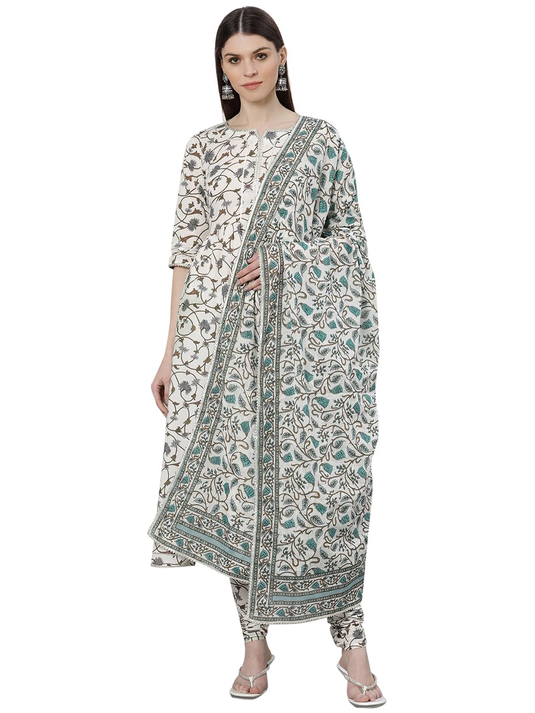 Libas White Printed Cotton Anarkali Kurta With Churidar & Dupatta