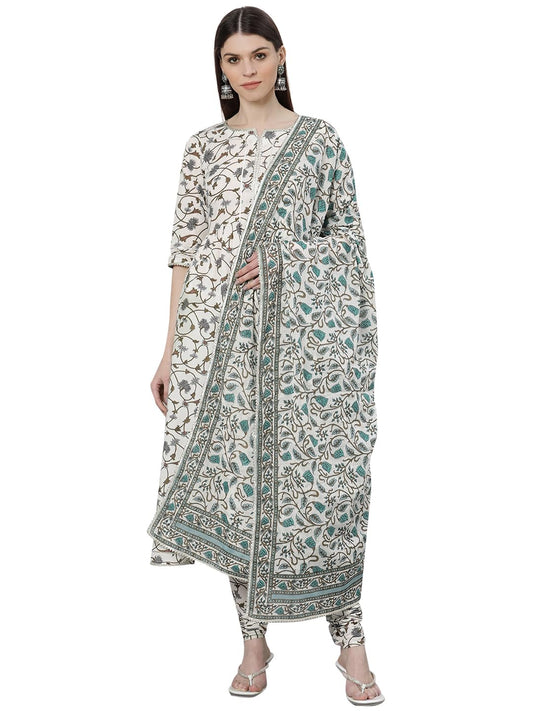 Libas White Printed Cotton Anarkali Kurta With Churidar & Dupatta