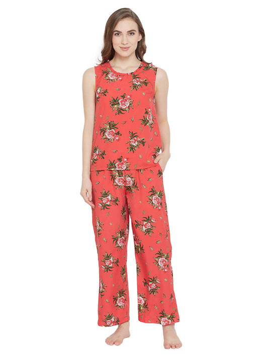 Clovia Crepe Womens Pretty Florals Pajama Set (Ls0520P16_Orange_Small)