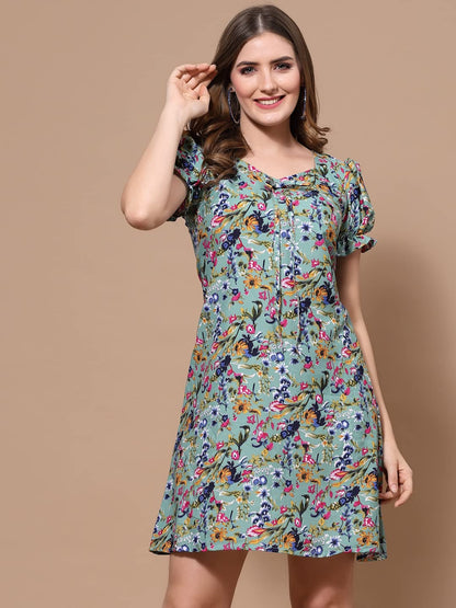 Oomph! Dress For Women Stylish| Summer Vacation Style |Floral Print Puff Sleeve Dress | Lightweight Flared Maxi For Casual & Hol