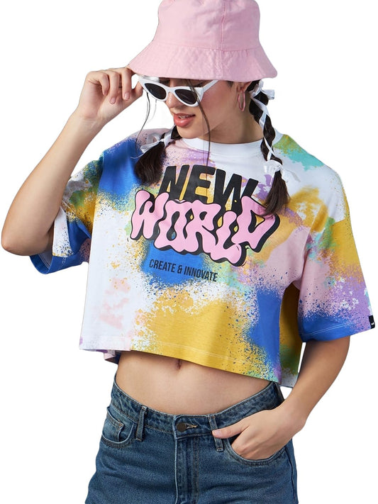 Bewakoof WomenS All Over Printed Oversized Fit Half Sleeve Round Neck Cotton Crop T-Shirt_615046_White_2Xl