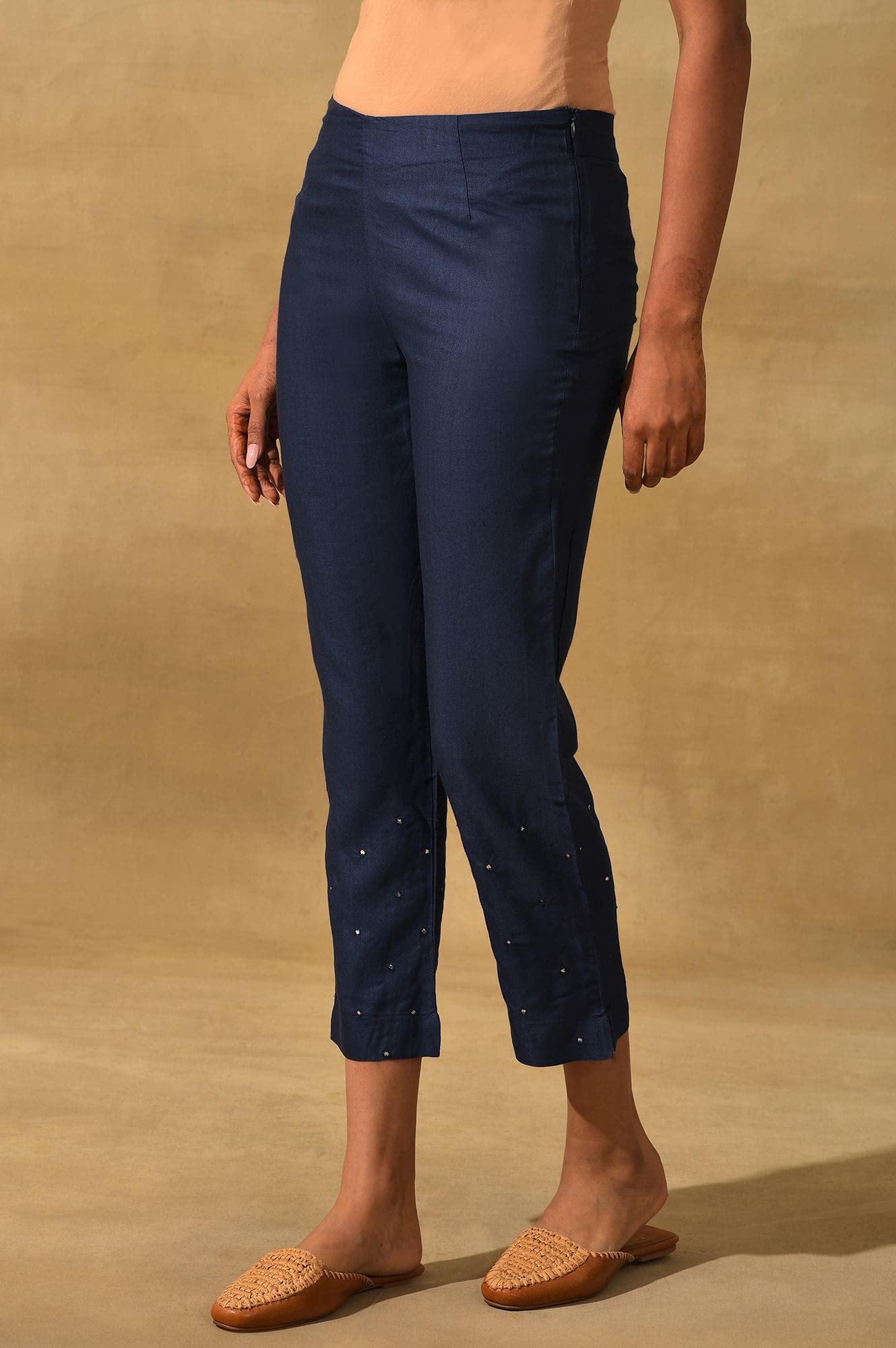 W for Woman Folksong Strechable Slim Pants for Women | Trousers for Women Blue
