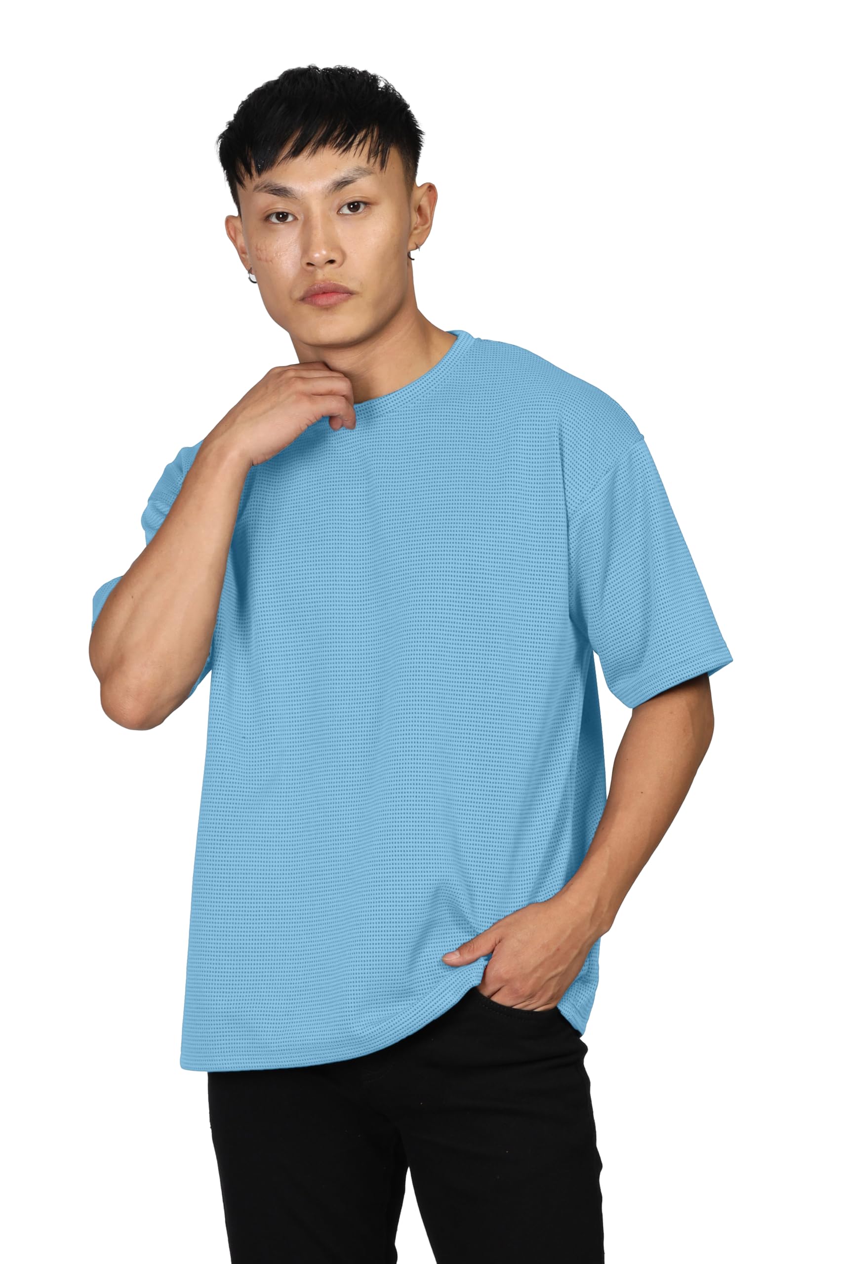 SHODOX Mens Solid Dotted Unique Design Oversized Tshirt for Men - Round Neck Loose Fit Drop Shoulder Mens T-Shirt Light Blue