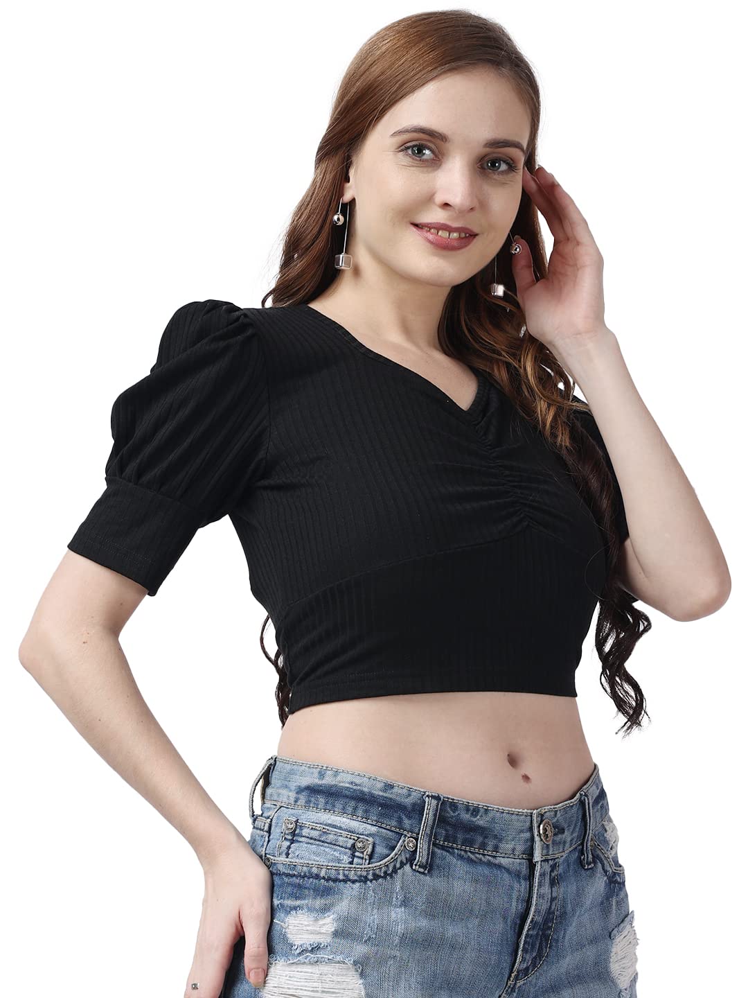 POPWINGS Solid Ribbed Slim Fit Crop Tops for Women | Polycotton Stylish Western 3/4 Puff Sleeves Casual and Summer Crop Tops for