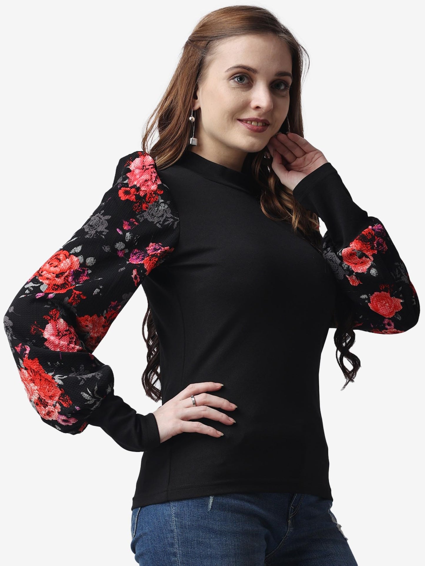 POPWINGS Casual Printed Solid Top for Women || Long Puff-Sleeves Women Top || Round-Neck Top for Women || Stylish Latest Western