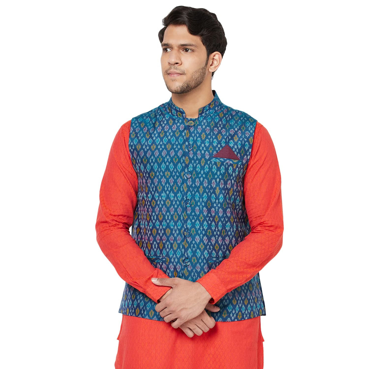 Fabindia Men Silk Ikat Nehru Jacket Cotton_Xs