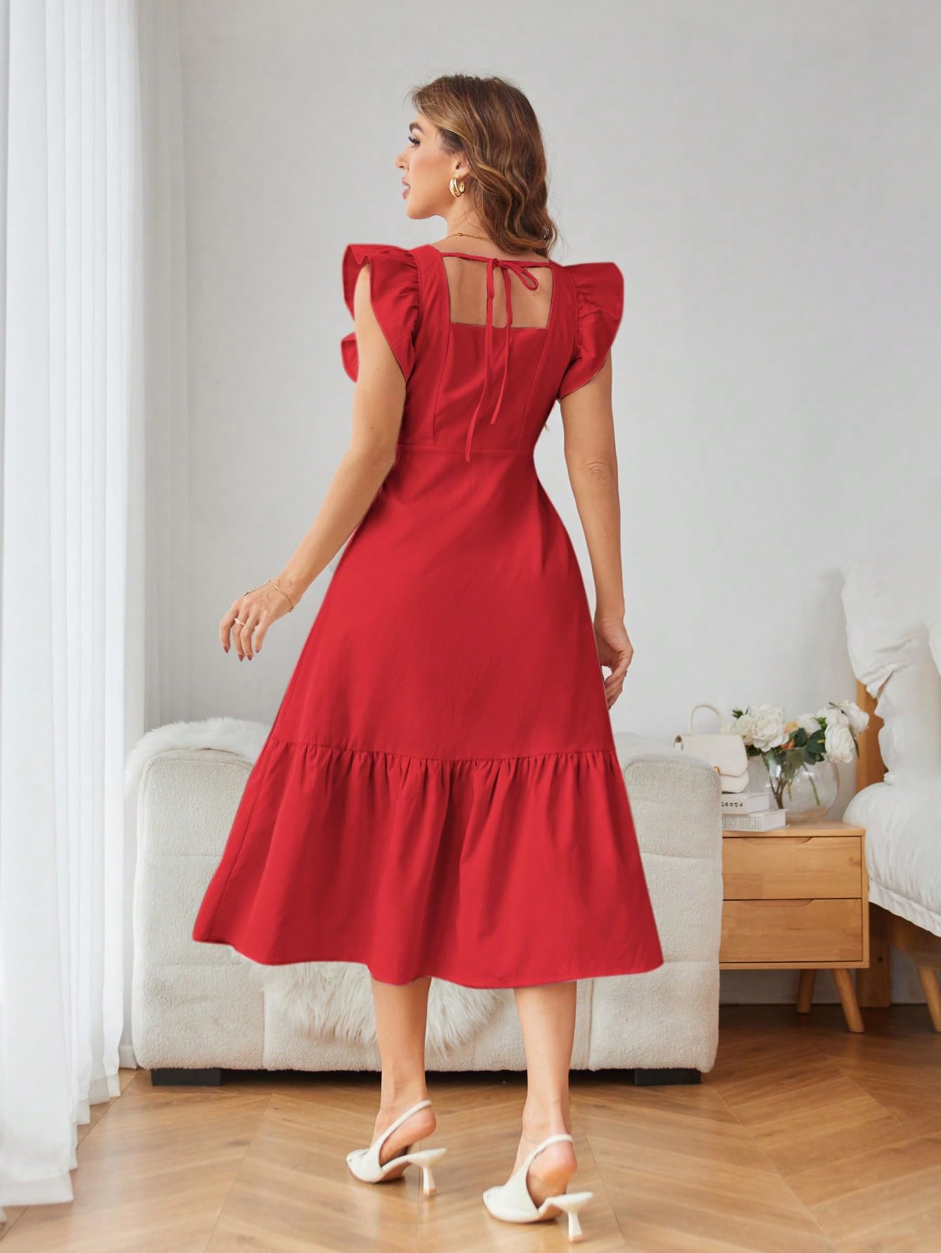 Shasmi GirlS & WomenS Solid Red Color Square Neck, Ruffle-Trimmed Hem Sleeveless, Ruffle Armhole And Casual Dress With Cinched