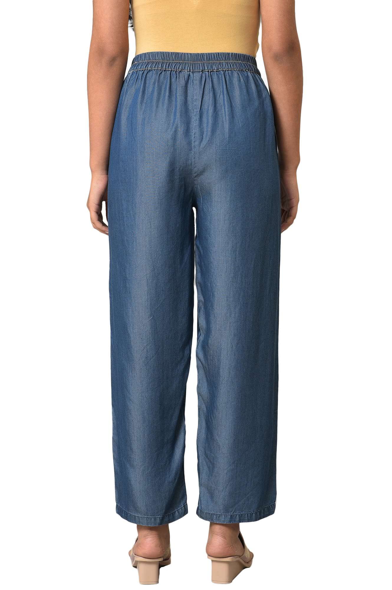 Aurelia Blue Solid Lyocell Parallel Trousers for Womens Ethnic Bottomwear