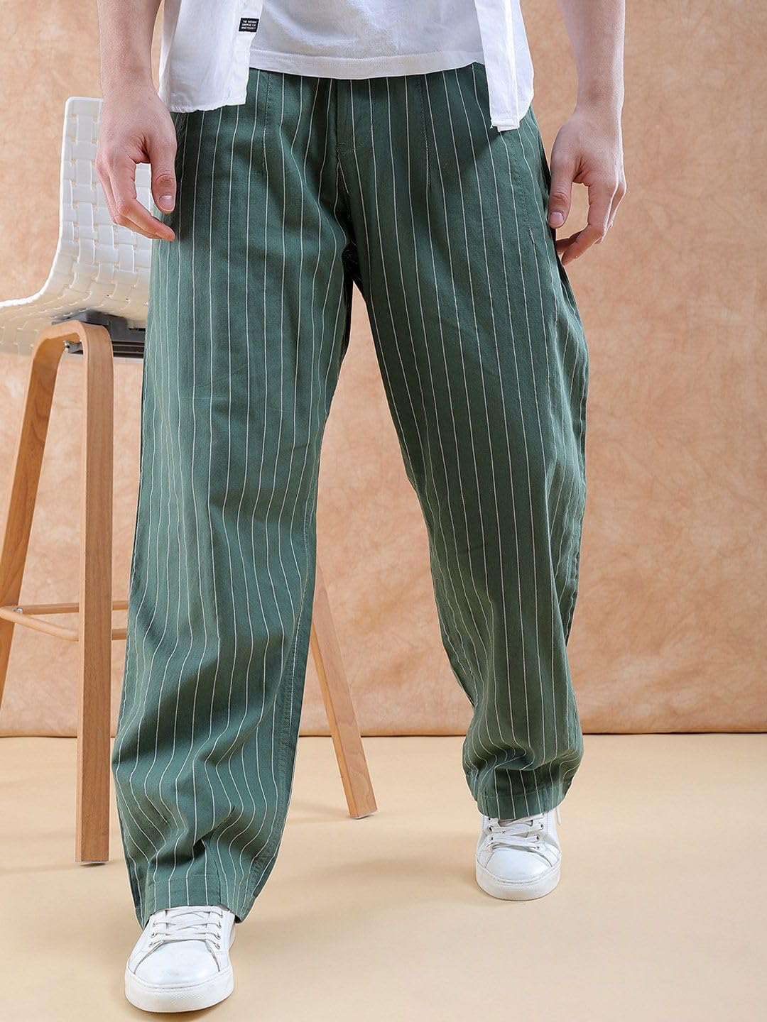 The Indian Garage Co Men Loose Fit Striped Mid-Rise Trousers