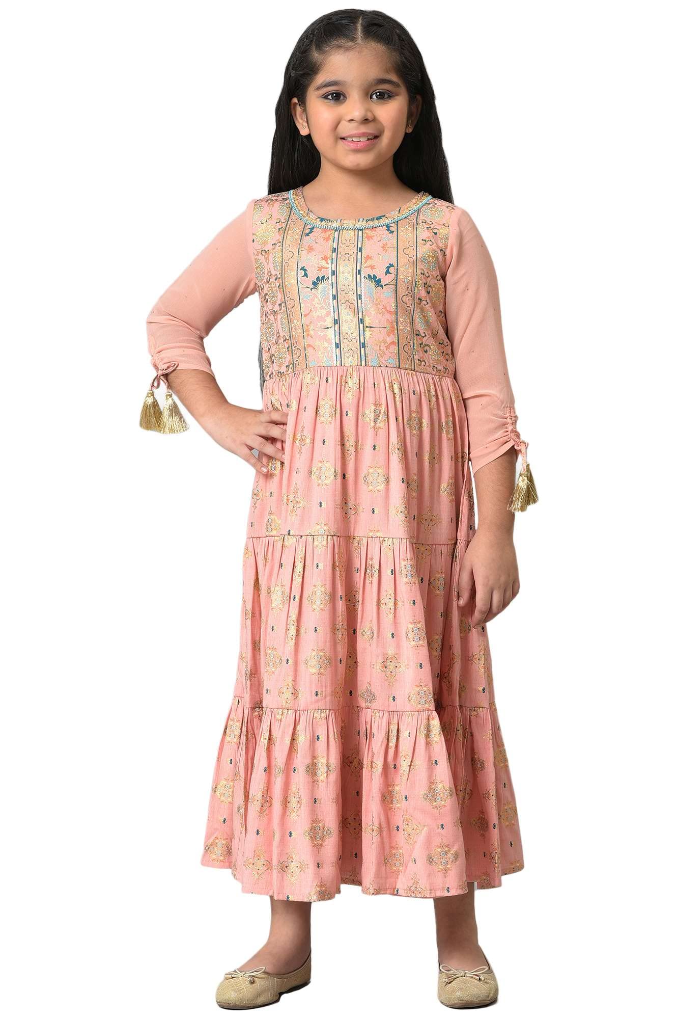 Aurelia Girl's Polyester Fit and Flare Knee-Length Casual Dress (22AUG10252A-506130_Peach