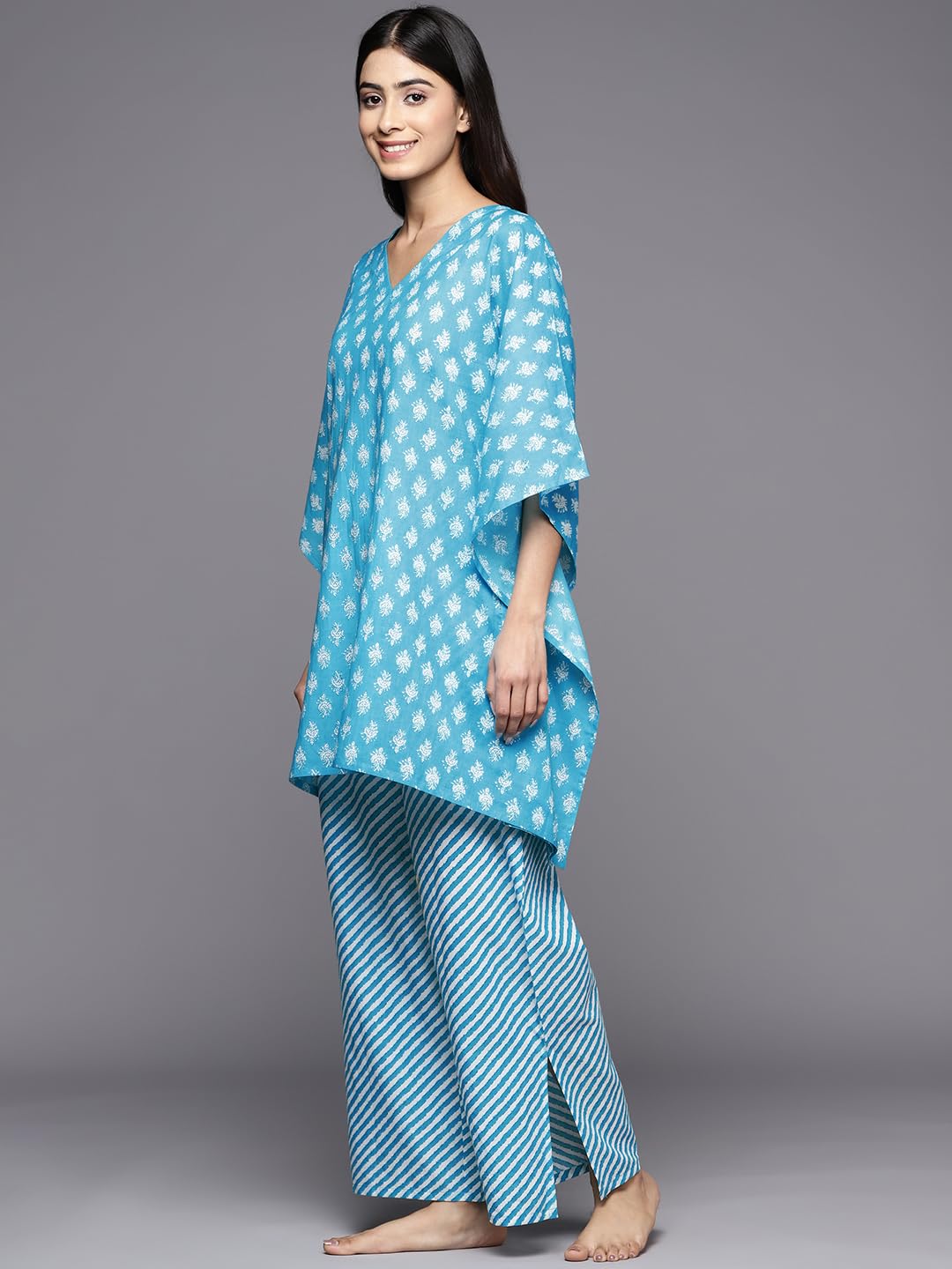 Libas Womens Printed Cotton Night Suit Set For Women Turquoise Blue