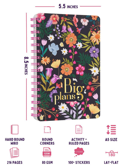 Doodle | The Happiness 2024 Wiro Bound Planner with 100+ Stickers | A5 | Hard Bound | Undated | Yearly, Monthly, Daily Planner D
