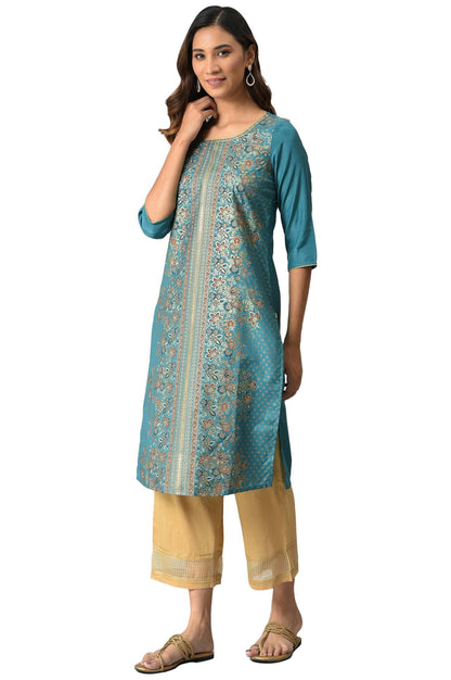 Green Floral Printed Sequined Ethnic Kurta