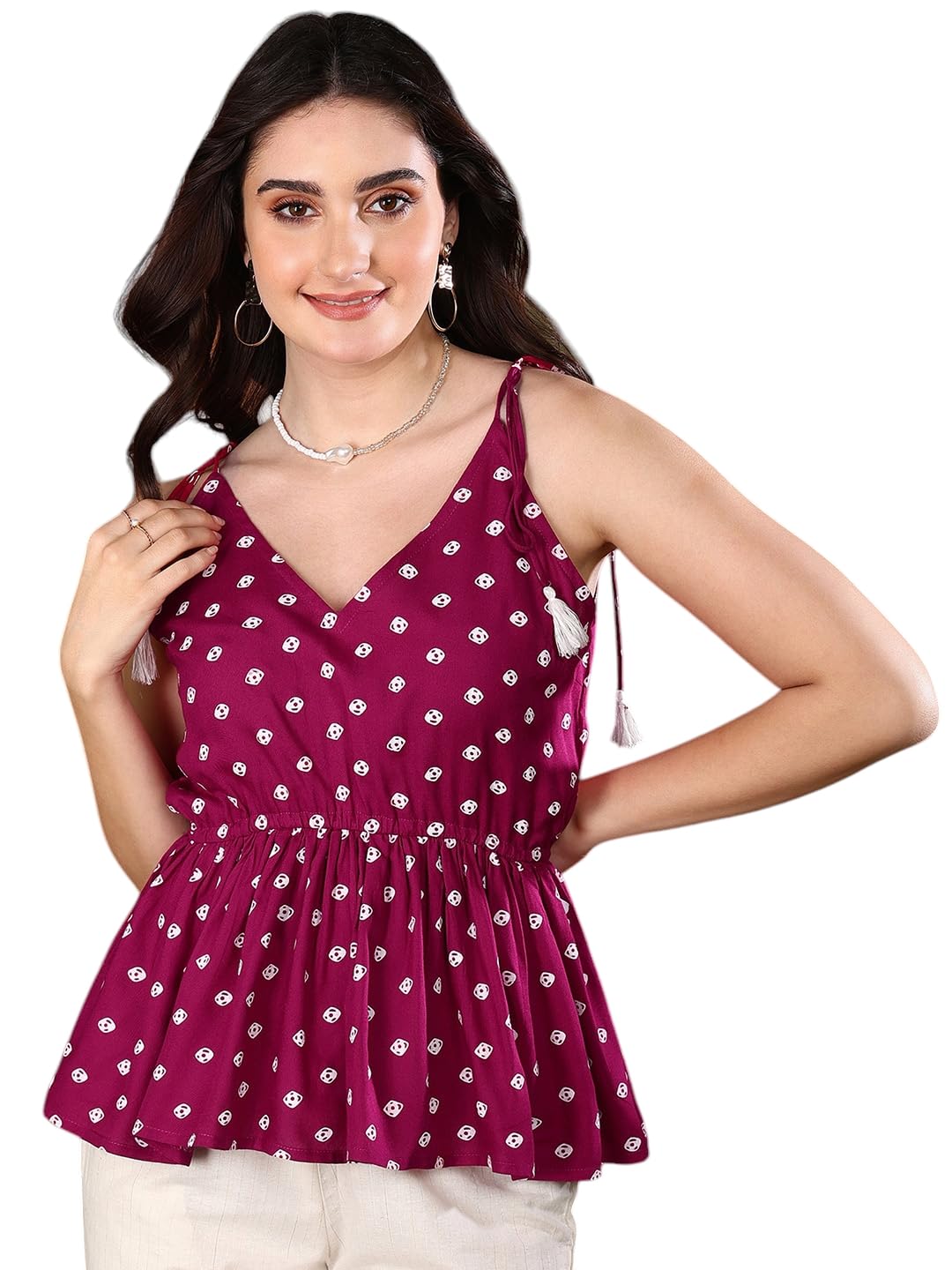 Stylum Womens Bandhej Printed Rayon Short Peplum Top