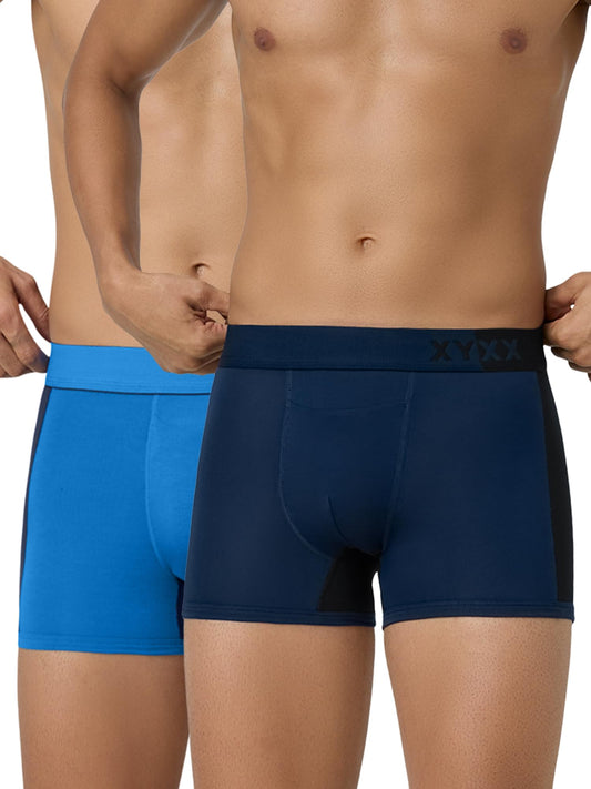 XYXX Mens Underwear Dualist IntelliSoft Antimicrobial Micro Modal Trunk Pack of 2 (Black Iris & Black;Brilliant Blue & Black Ir