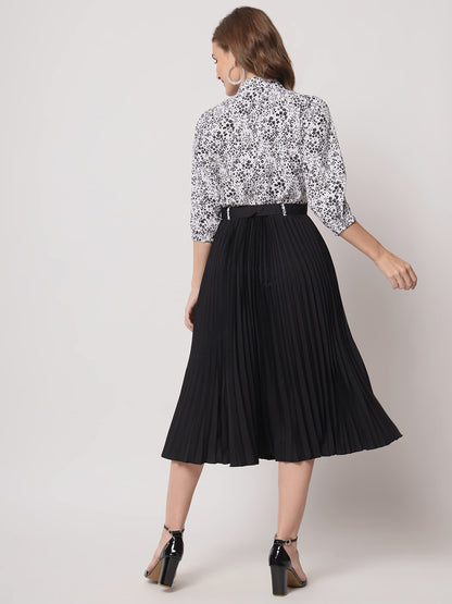 Kzully WomenS Print 3/4 Sleeve Pleated Midi Dress With Belt Black
