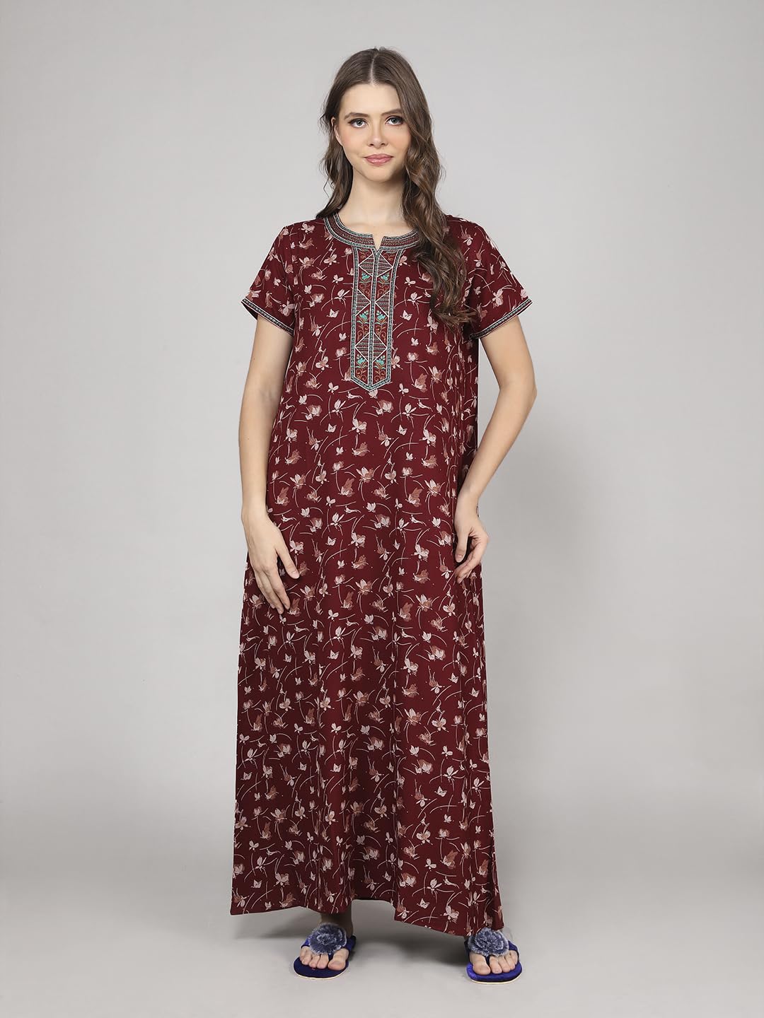 Evolove Alpine Fabric Nighty Maxi For Women With Side Pocket And Neckline Embroidery | Printed Short Sleeves Full Length Night W
