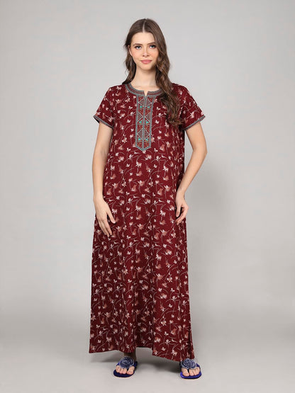 Evolove Alpine Fabric Nighty Maxi For Women With Side Pocket And Neckline Embroidery | Printed Short Sleeves Full Length Night W