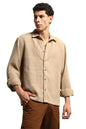 Hubberholme Men Summer Cotton Spread Collar Long Sleeves Oversized Casual Shirt 36 Beige