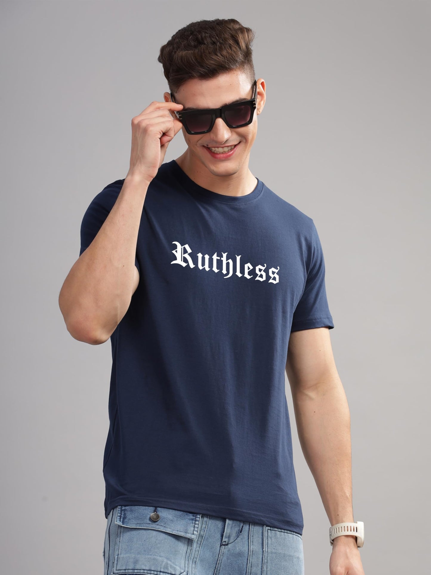 ADRO Mens Printed T Shirt - Premium Cotton Graphic Printed Tshirt - Navy Blue T-Shirt - RN24-RUTH-NB