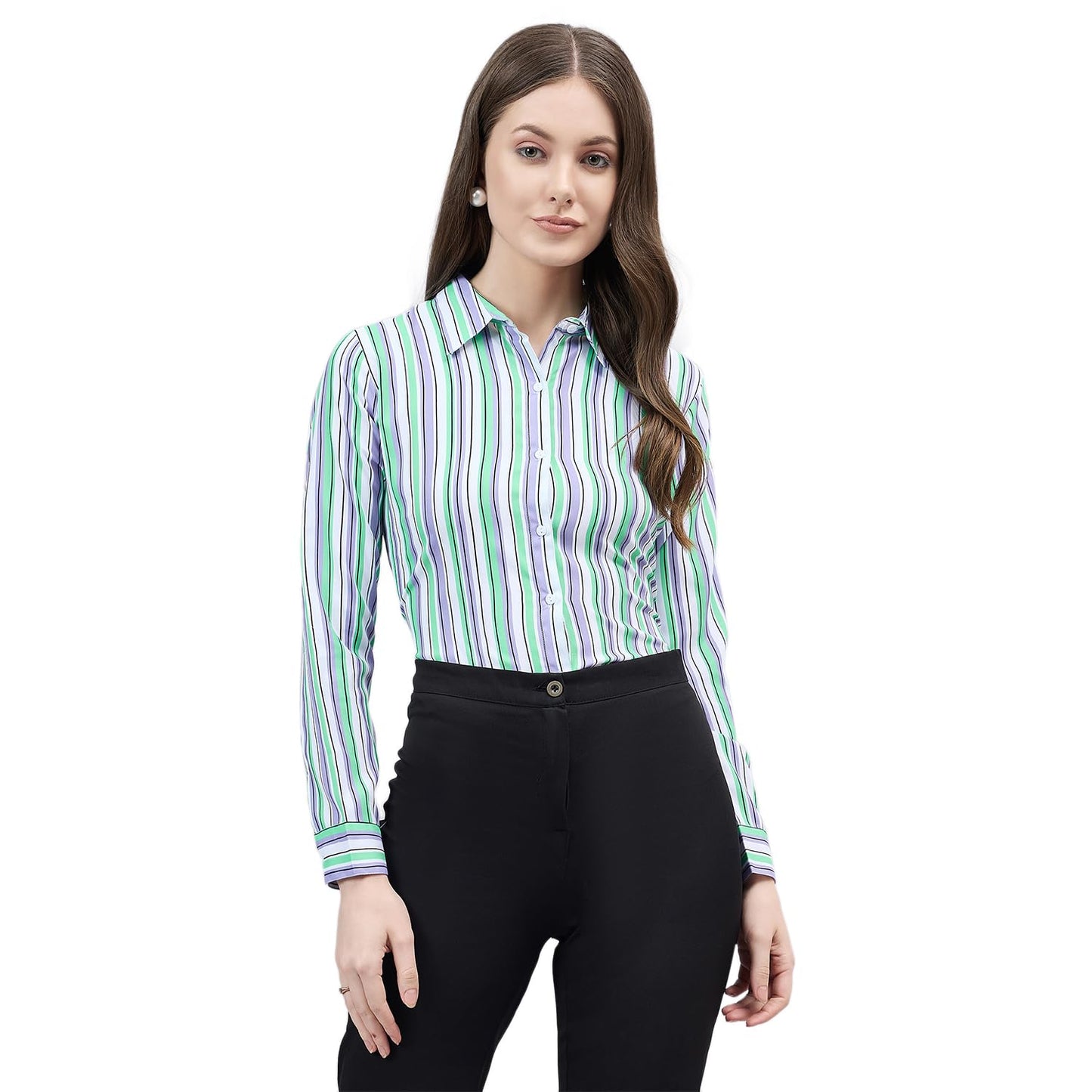 Style Quotient Women Purple and Green Stripe Printed Polyester Regular Fit Formal Shirt