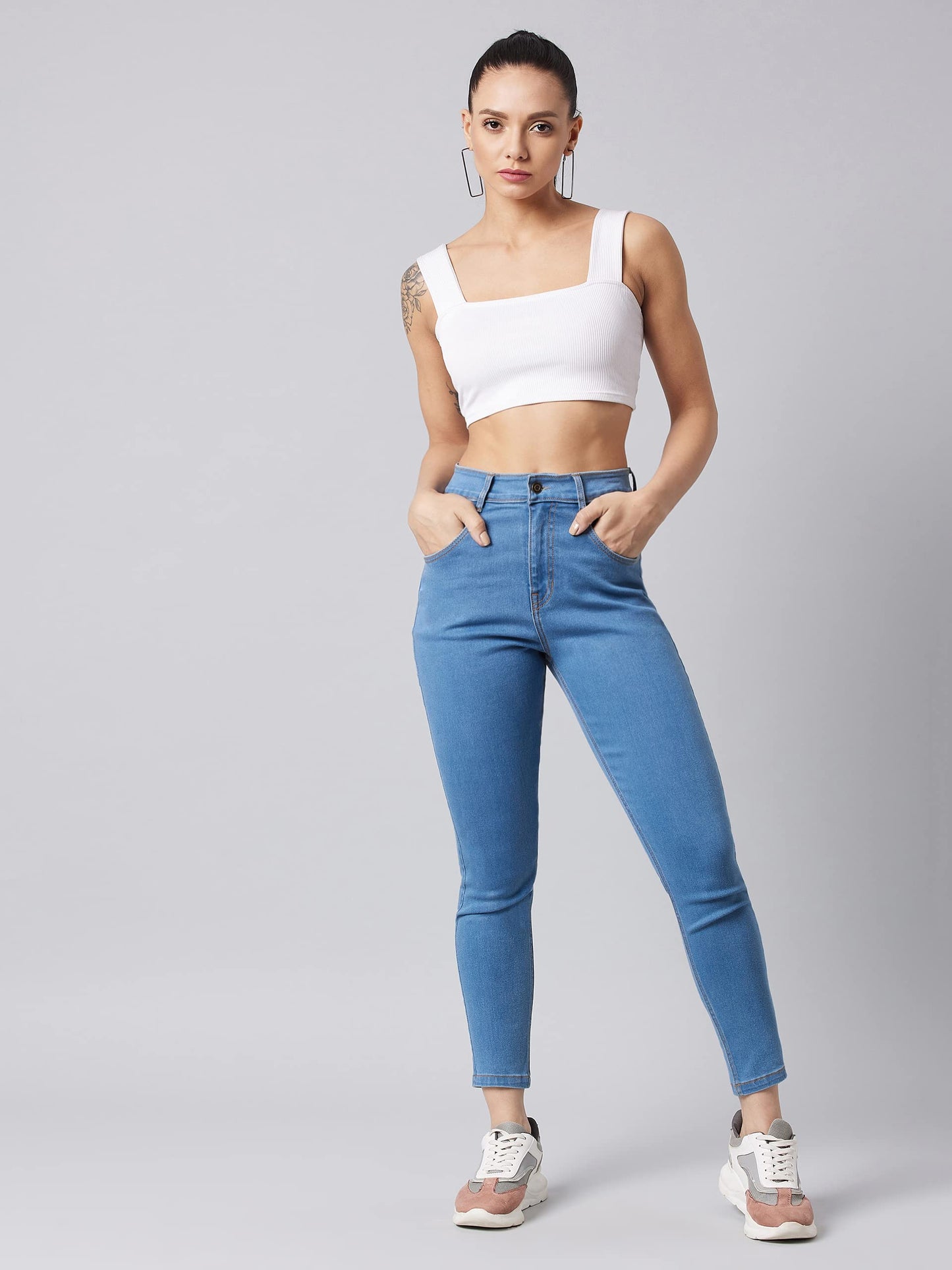 Miss Chase WomenS Solid Skinny High Rise Clean Look Cropped Fringe Detailing Solid Stretchable Denim Jeans (Mcss23Den99-67-115-