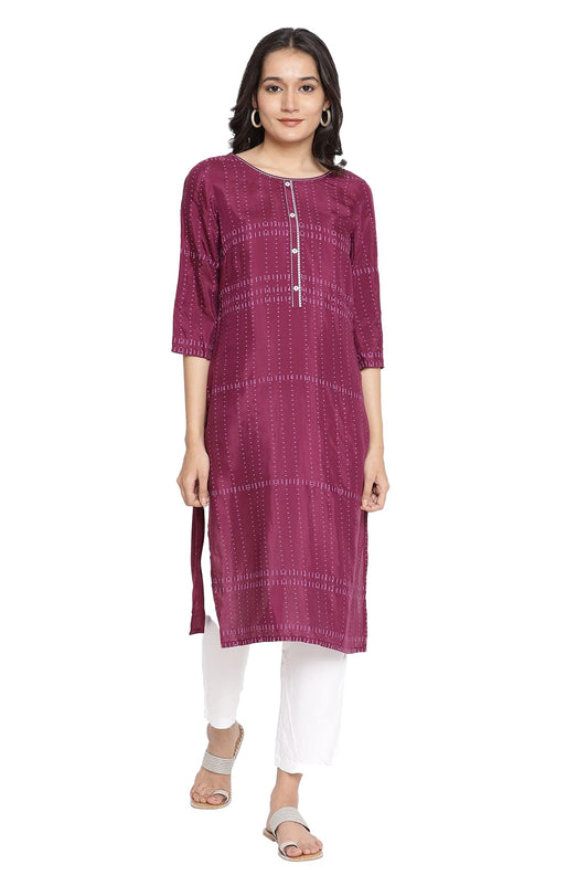 Aurelia Women's Viscose Wine Geometric Round Neck Straight Kurta