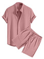 Greciilooks MenS Summer Casual Two Piece Outfit, Textured Button Down Shirt And Shorts Set