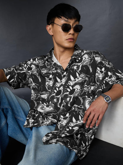The Souled Store Looney Tunes: Sylvester Men and Boys Short Sleeves Collared Neck Black All Over Printed Viscose Lightweight Cas