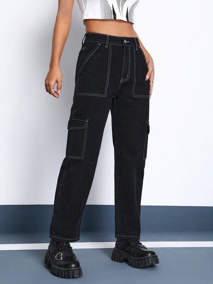 Kotty Womens Solid High Waist Cargo Jeans