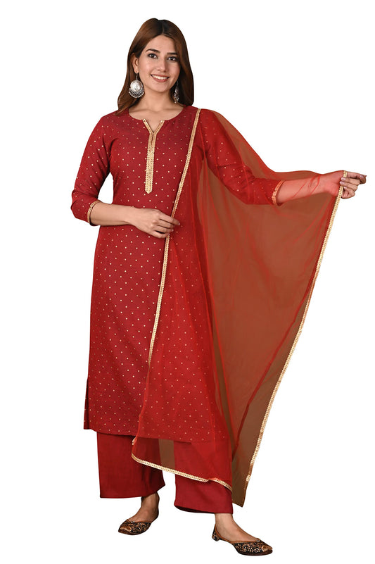 ANNI DESIGNER Women's Cotton Blend Straight Printed Kurta with Palazzo and Dupatta (PRITU)