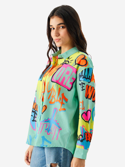 The Souled Store Wanderlust Women and Girls Long Sleeve Collared Neck Button Down Oversize Fit Multicoloured All Over Graphic Pr