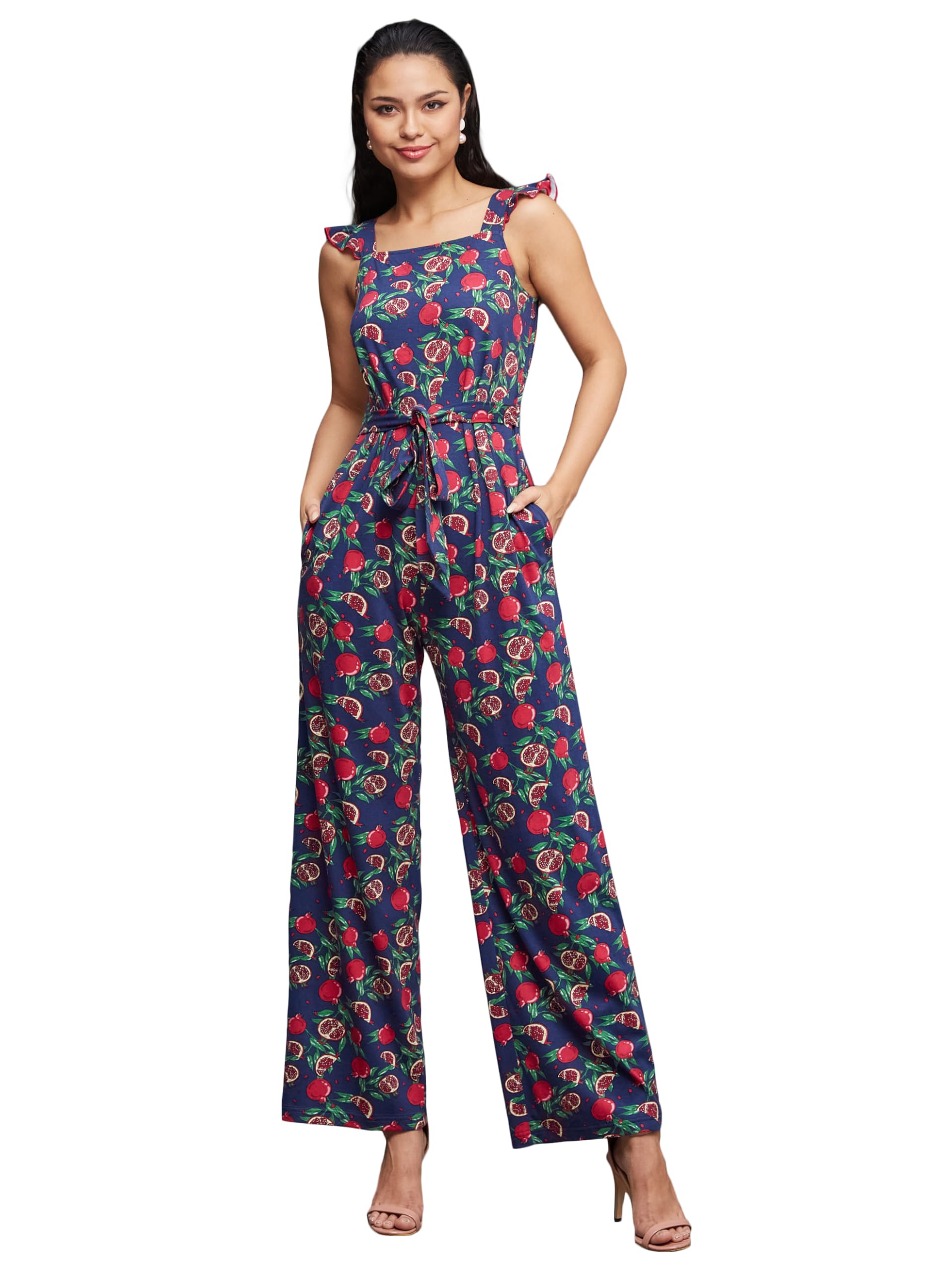 Miss Chase WomenS Square Neck Sleeveless Fruit Waist Tie-Up Pure Cotton Regular-Length Jumpsuit (Mcss24D19-16-178-06, Multicolo