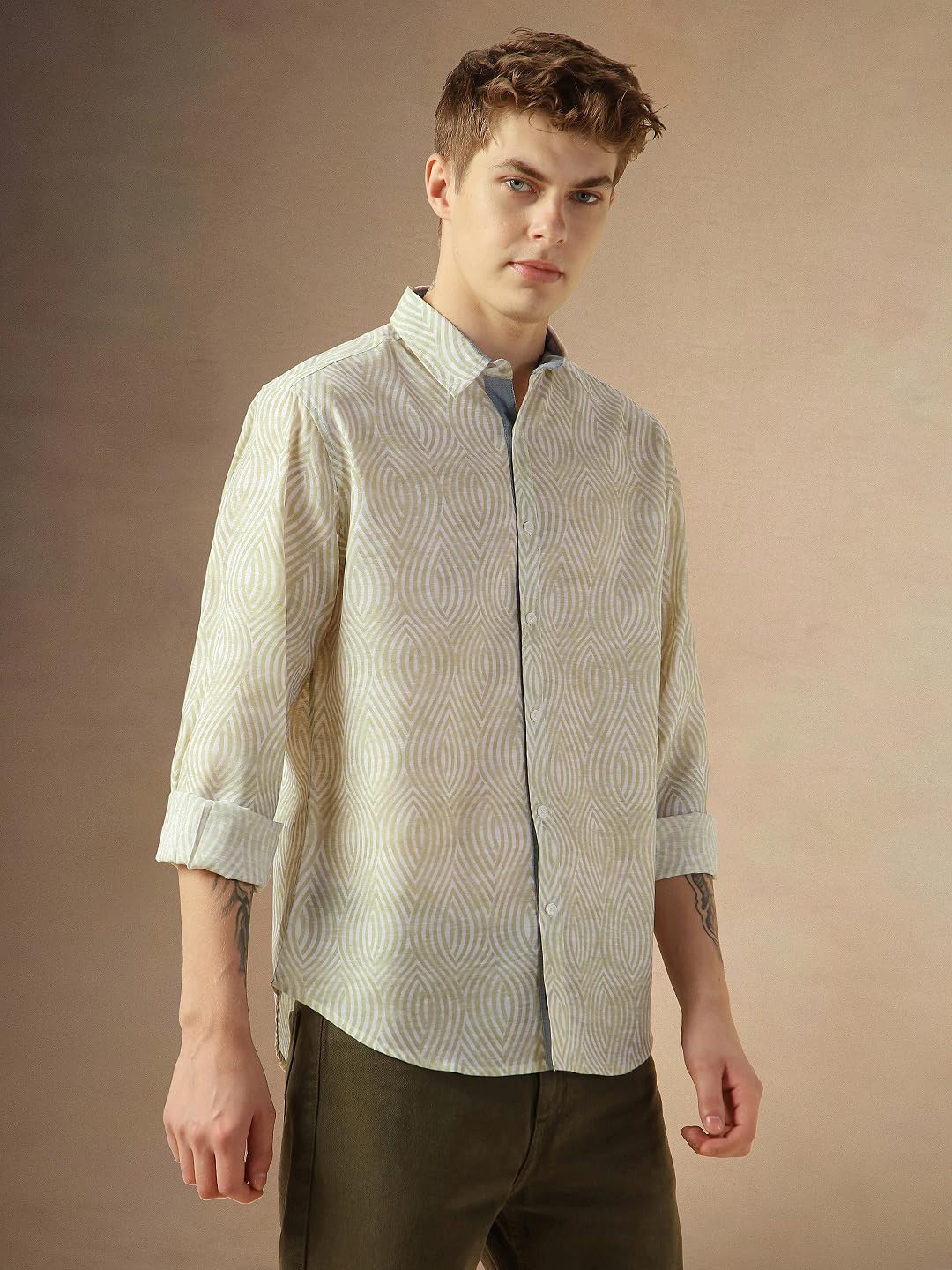Dennis Lingo MenS Beige Cotton Spread Collar Long Sleeves Printed Shirts