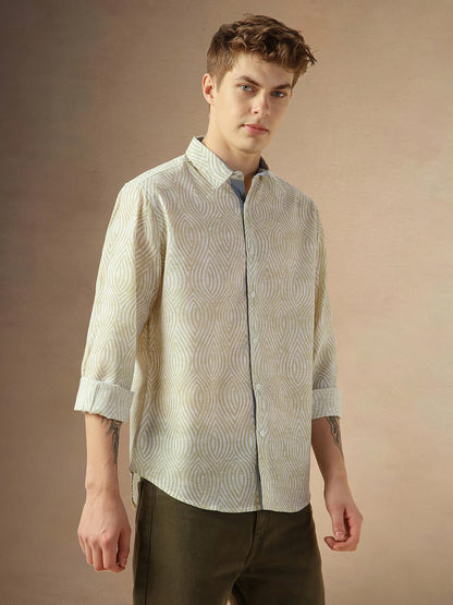 Dennis Lingo MenS Beige Cotton Spread Collar Long Sleeves Printed Shirts