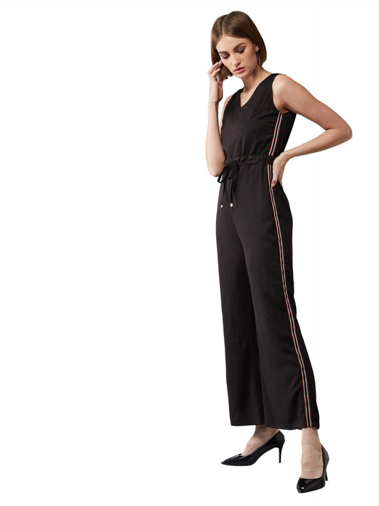 Dolce Crudo Womens Black V-Neck Sleeveless Solid Tie-up Wide Leg Jumpsuit(DOSS20D04-58-62_Black_S)