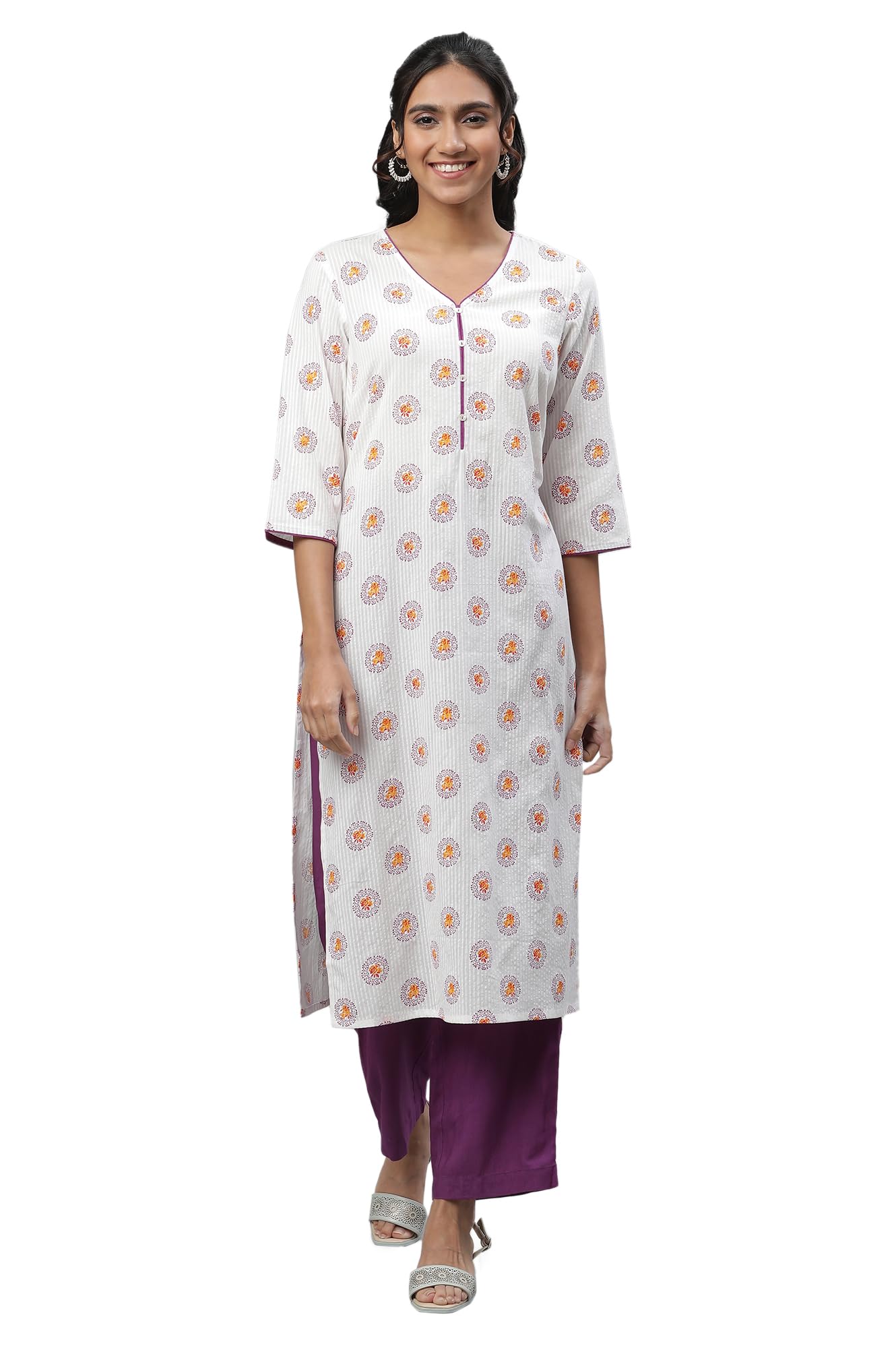 Aurelia Women's White Floral Printed Pure Cotton Straight Kurta